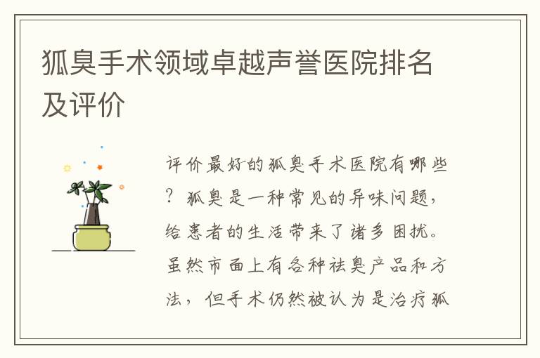 狐臭手術領域卓越聲譽醫院排名及評價