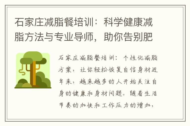 石家莊減脂餐培訓：科學健康減脂方法與專業導師，助你告別肥胖困擾，迎接健康生活