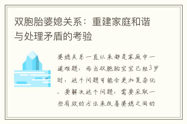 雙胞胎婆媳關系：重建家庭和諧與處理矛盾的考驗